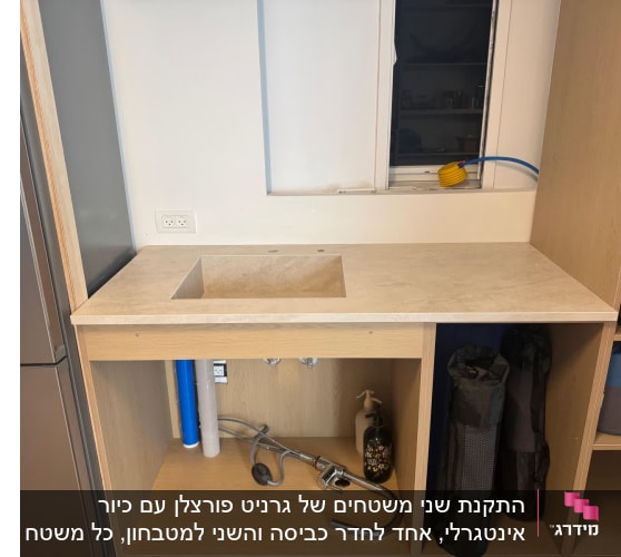 התקנת משטח שיש בהיר למטבח כולל כיור מובנה